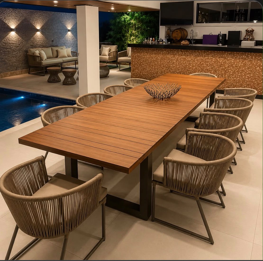 Mesa de jantar longa em madeira com dez cadeiras ao lado da piscina à noite