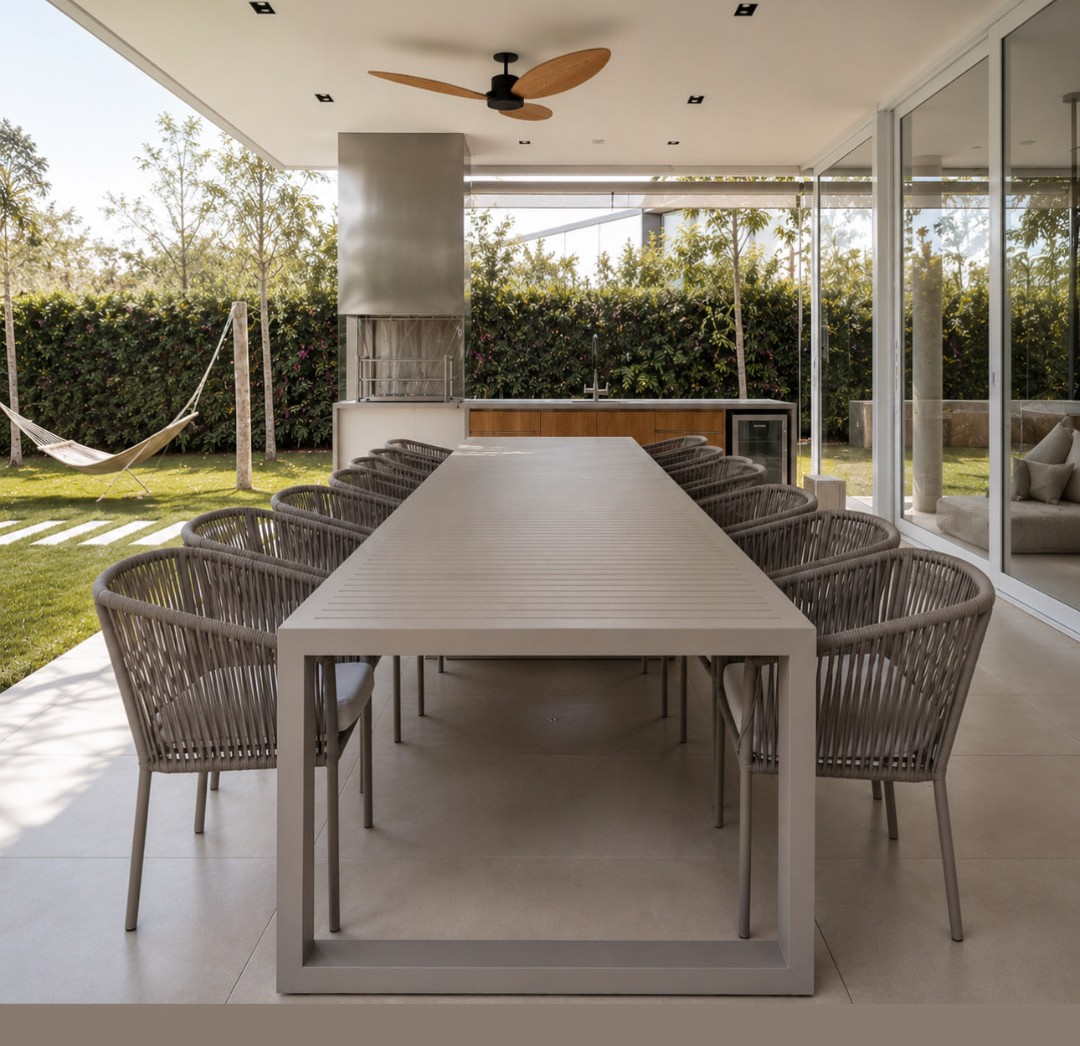 Varanda gourmet com mesa longa e cadeiras em corda mobiliada pela Dcor Casa
