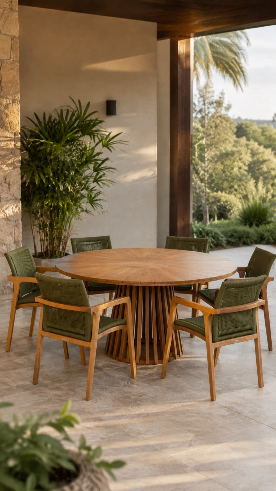 Mesa de jantar redonda em madeira com cadeiras verdes em varanda