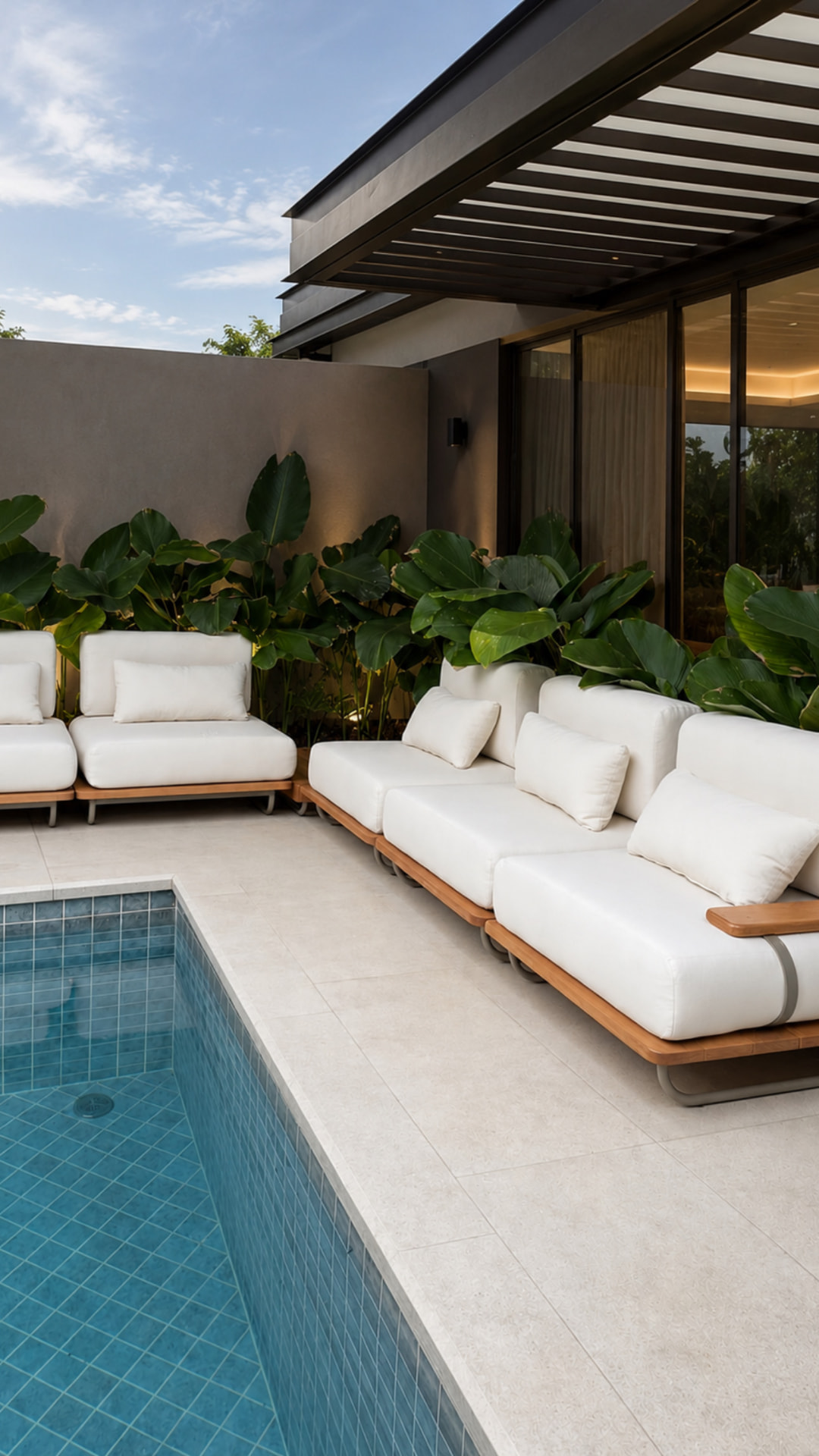 Sofás modulares externos com almofadas brancas à beira da piscina