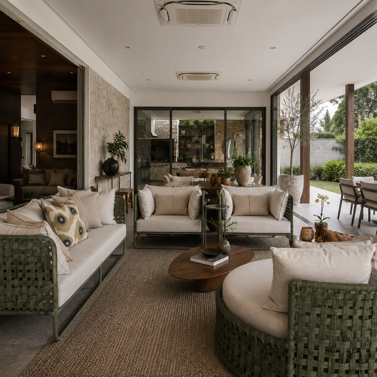 Living integrado com sofás e poltronas em corda verde-oliva e almofadas off-white
